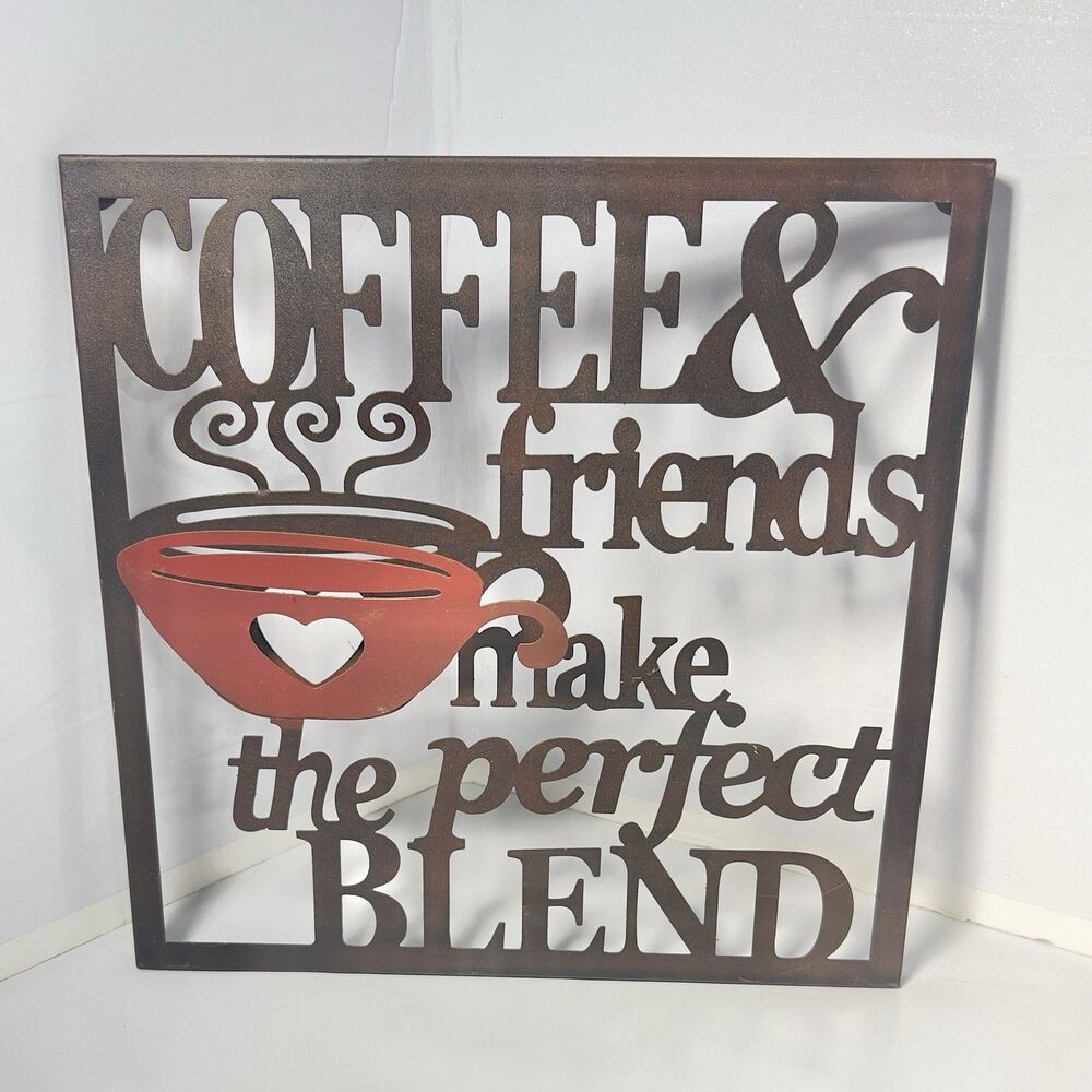 Coffee & Friends 3D Brown Metal Sign- Burgundy Heart Cup 12.5 x 12.5”